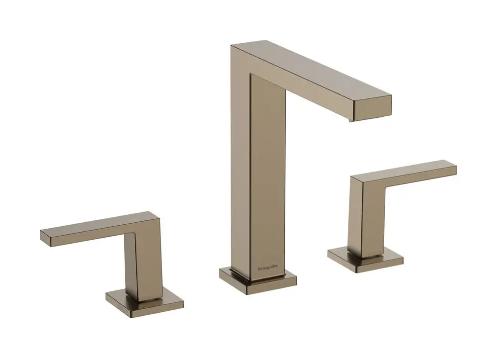 Waschtischarmatur von Hansgrohe mit drei Teilen in Brushed Bronze, bestehend aus einem hohen Wasserhahn und zwei Bedienhebeln auf quadratischen Sockeln.